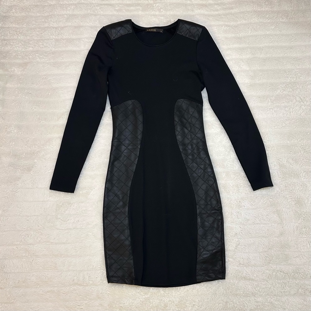 Black long sleeve dress with faux leather details